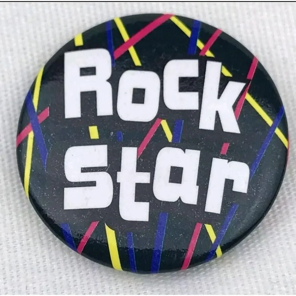 Pin Back Button Rock Star Black Yellow Pink Blue Retro Music Fan Accessory